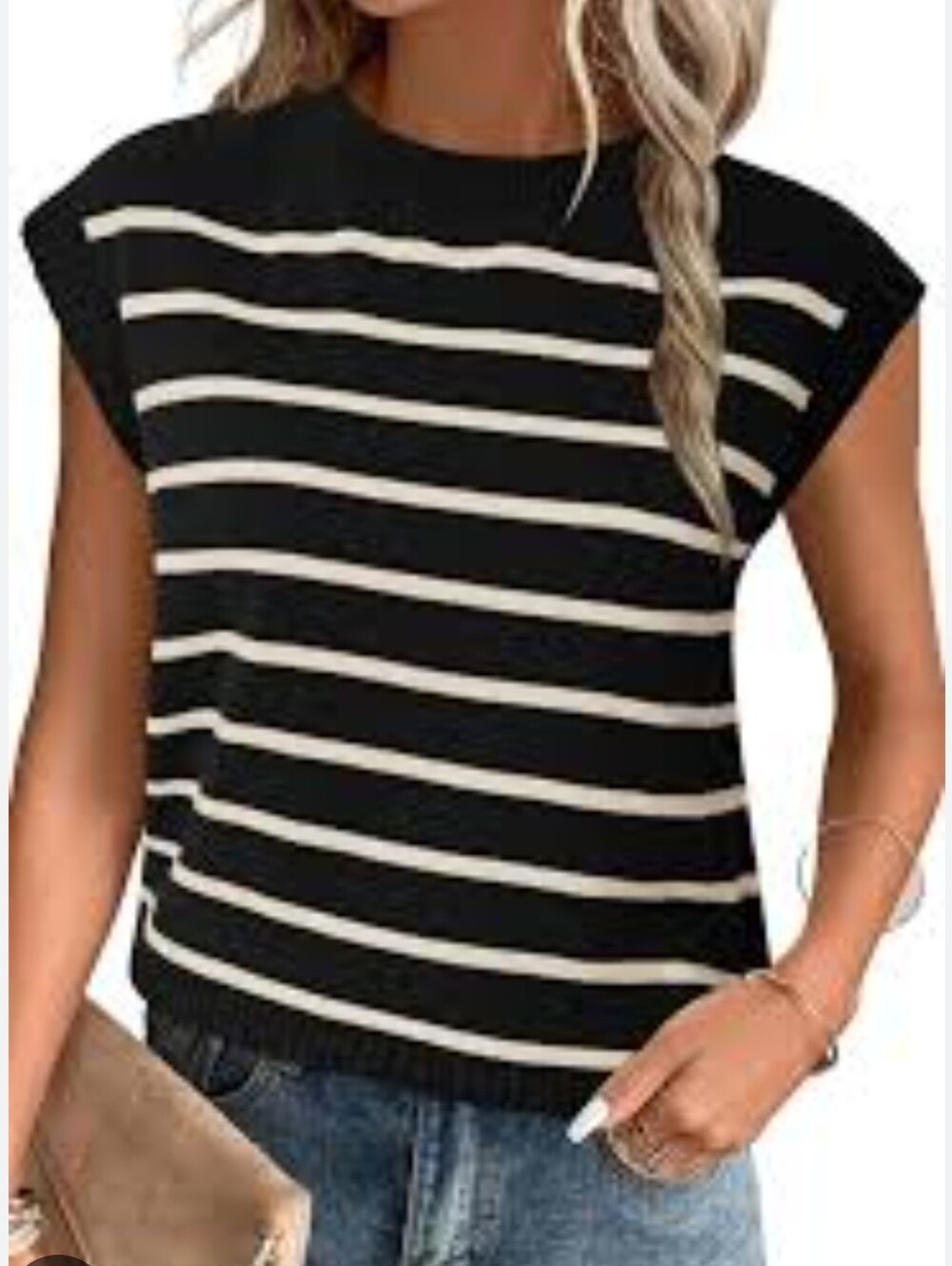 Arach & Cloz Striped Knit Crewneck Sleeveless Sweater